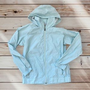 Columbia Light Blue light weight rain jacket, neck shield and zippered pockets